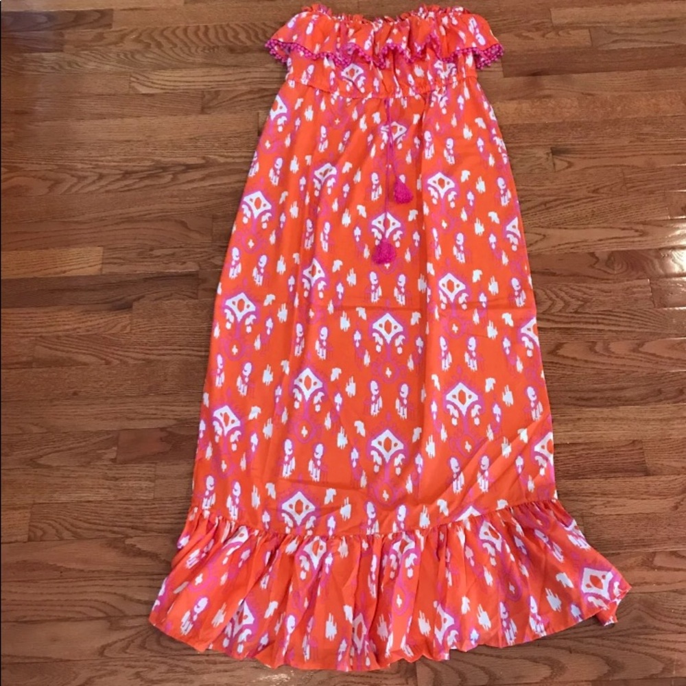 MudPie Coral and Pink Ruffle Strapless Dress